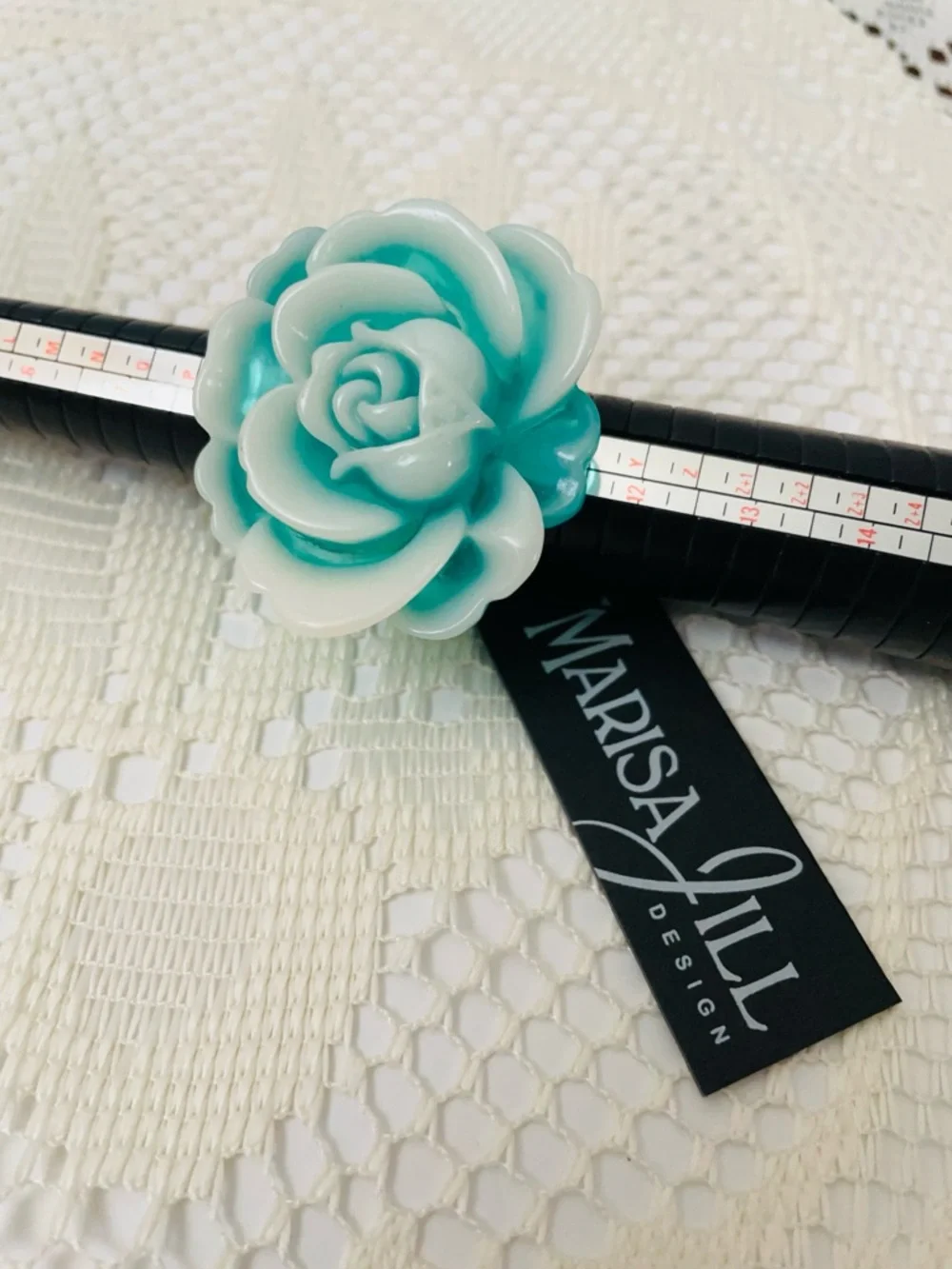 Teal and White Floral Ring with Gold Beaded Band